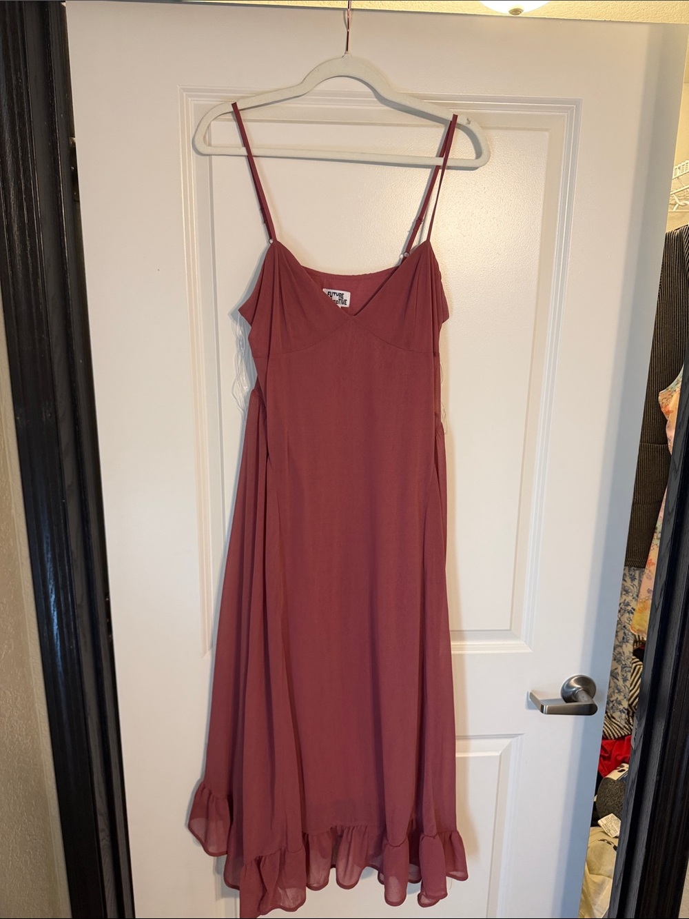 Spaghetti Strap Ruffle-Hem Midi Dress in Dusty Rose
